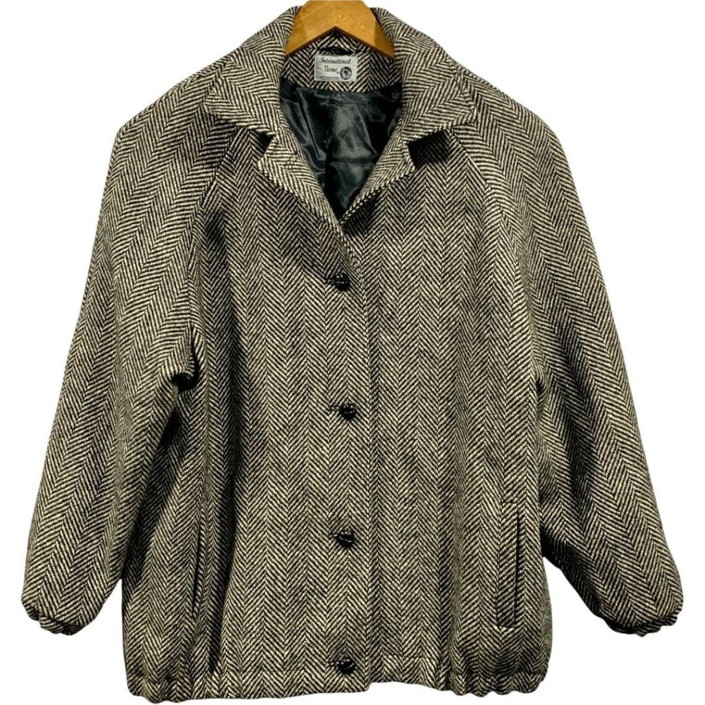 Vintage International Scene 100% Pure Wool Tweed Herringbone Coat Size 13/14